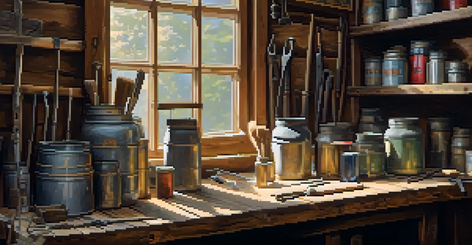 A rustic workshop with restoration materials on a wooden workbench, illuminated by warm natural light.