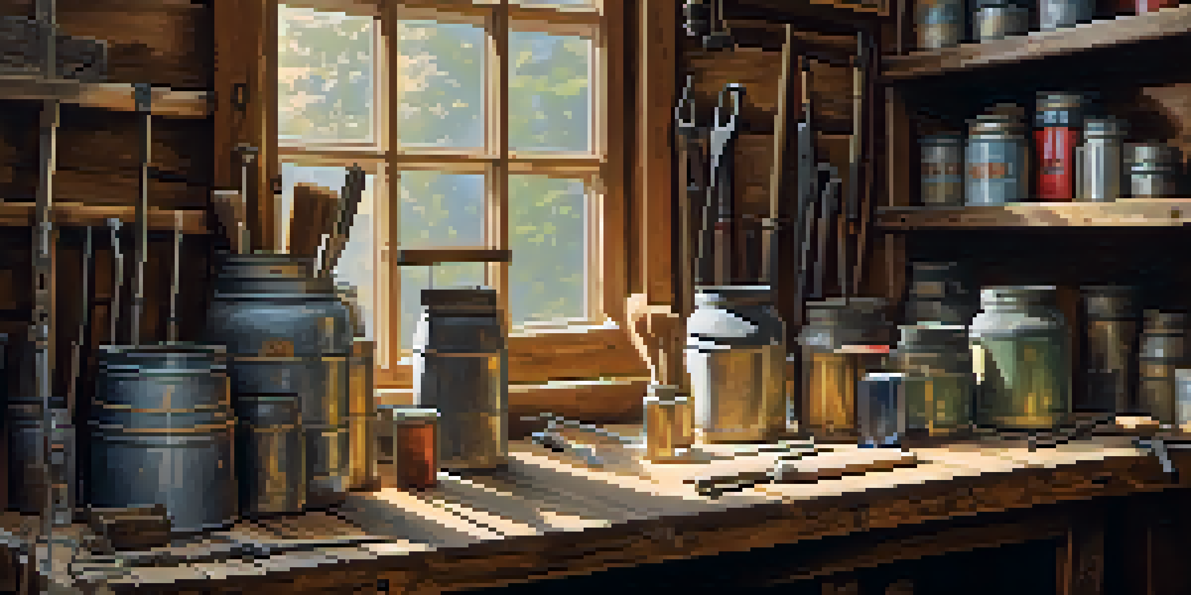 A rustic workshop with restoration materials on a wooden workbench, illuminated by warm natural light.