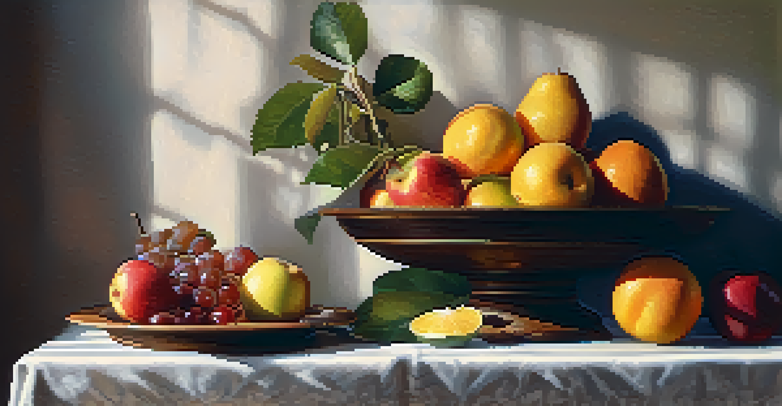 A rustic still life with fruits and a candlestick on a wooden table, illuminated by warm light that highlights the textures.