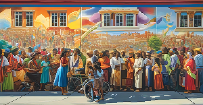 A colorful mural on a city wall showing a historical event, with people admiring the artwork in the sunlight.