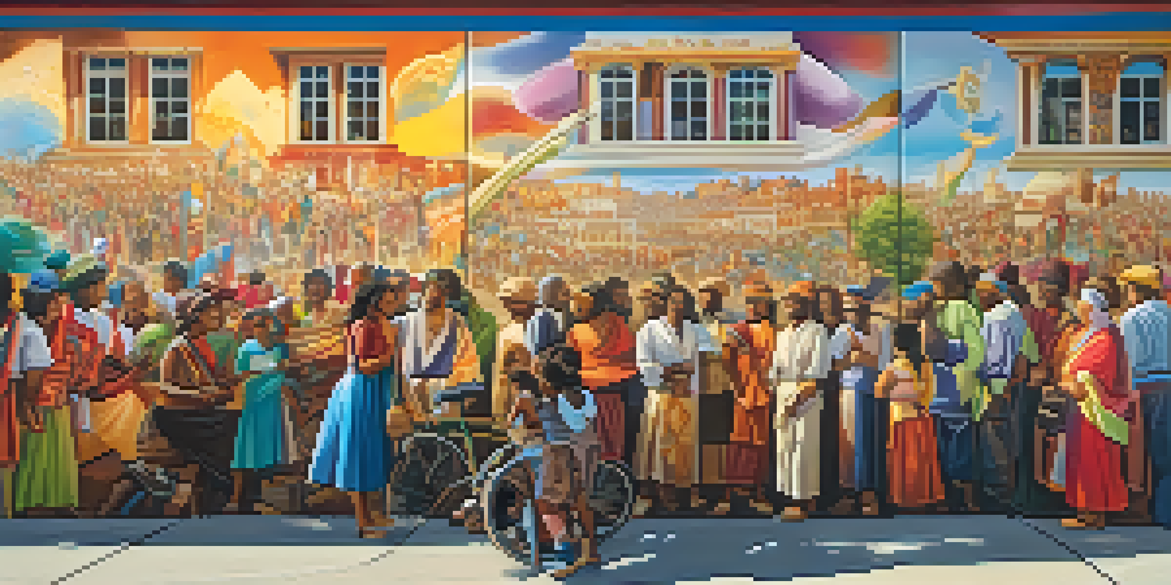 A colorful mural on a city wall showing a historical event, with people admiring the artwork in the sunlight.