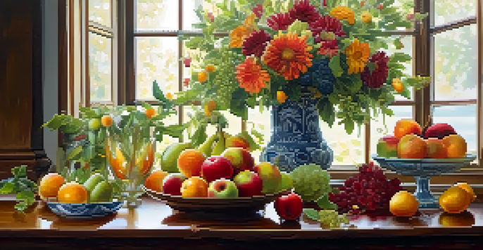A still life arrangement of colorful fruits and flowers on a wooden table, illuminated by soft natural light.