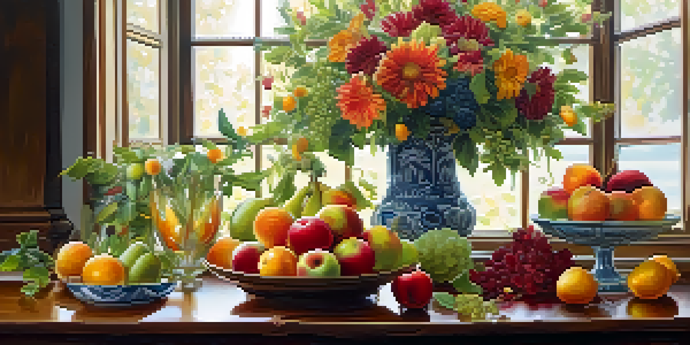 A still life arrangement of colorful fruits and flowers on a wooden table, illuminated by soft natural light.