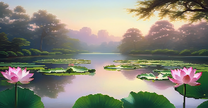 A tranquil lotus pond with a single lotus flower in bloom, surrounded by greenery and gentle sunlight, evoking a sense of peace.