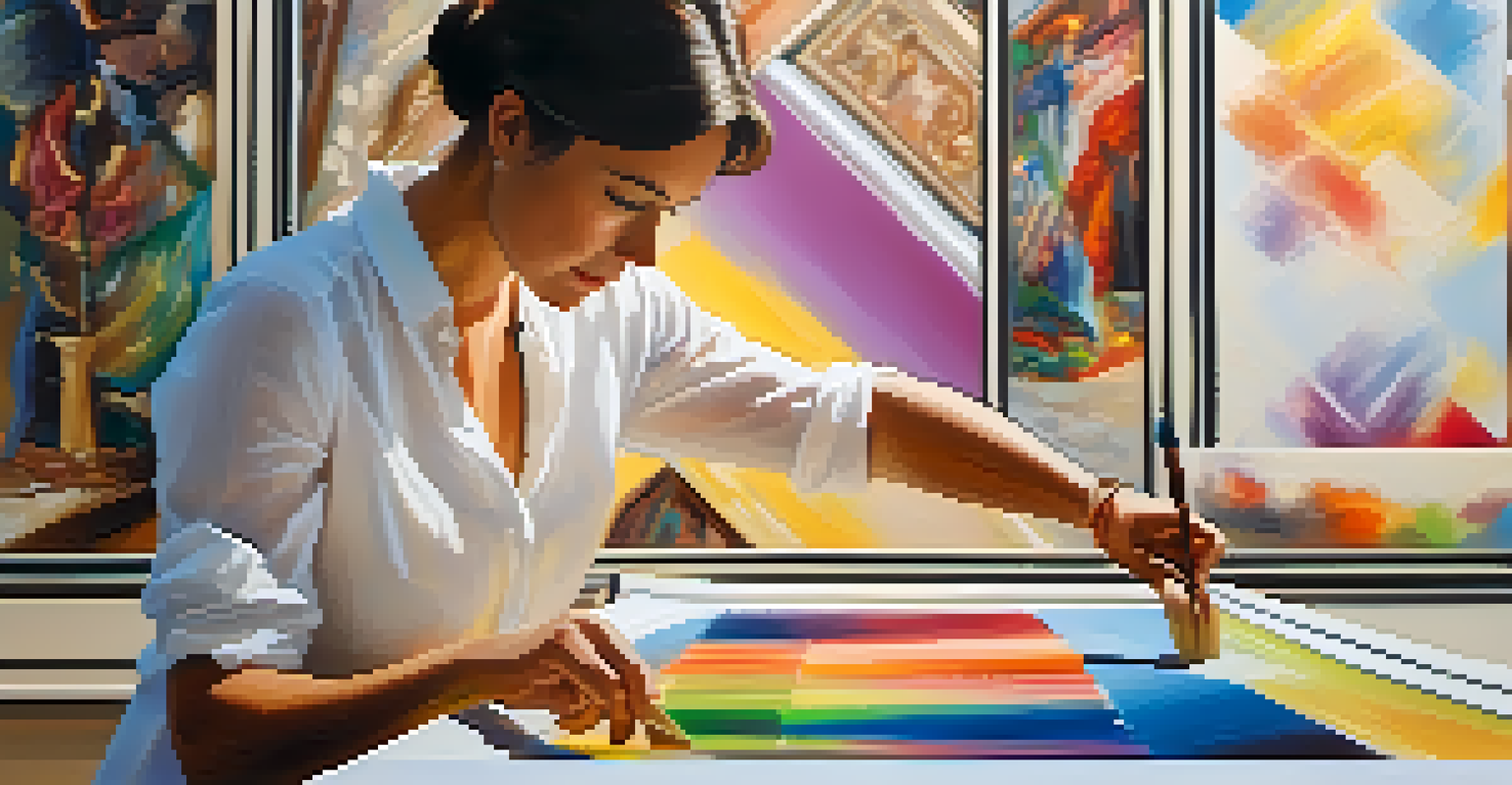 An art curator maintaining a colorful painting in a gallery, surrounded by various artworks illuminated by spotlights.