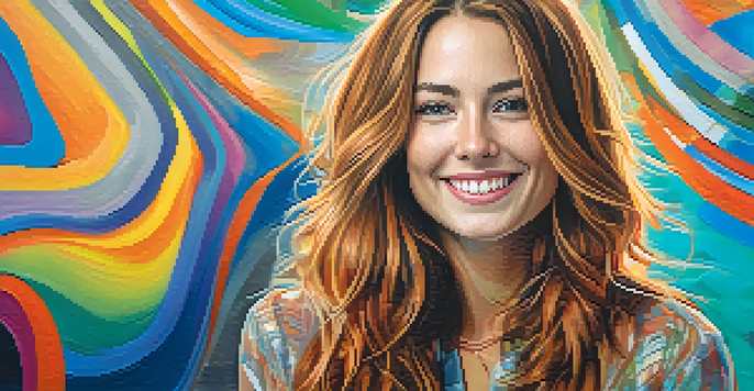 A young woman with flowing hair smiles against a colorful abstract background, wearing a modern outfit.
