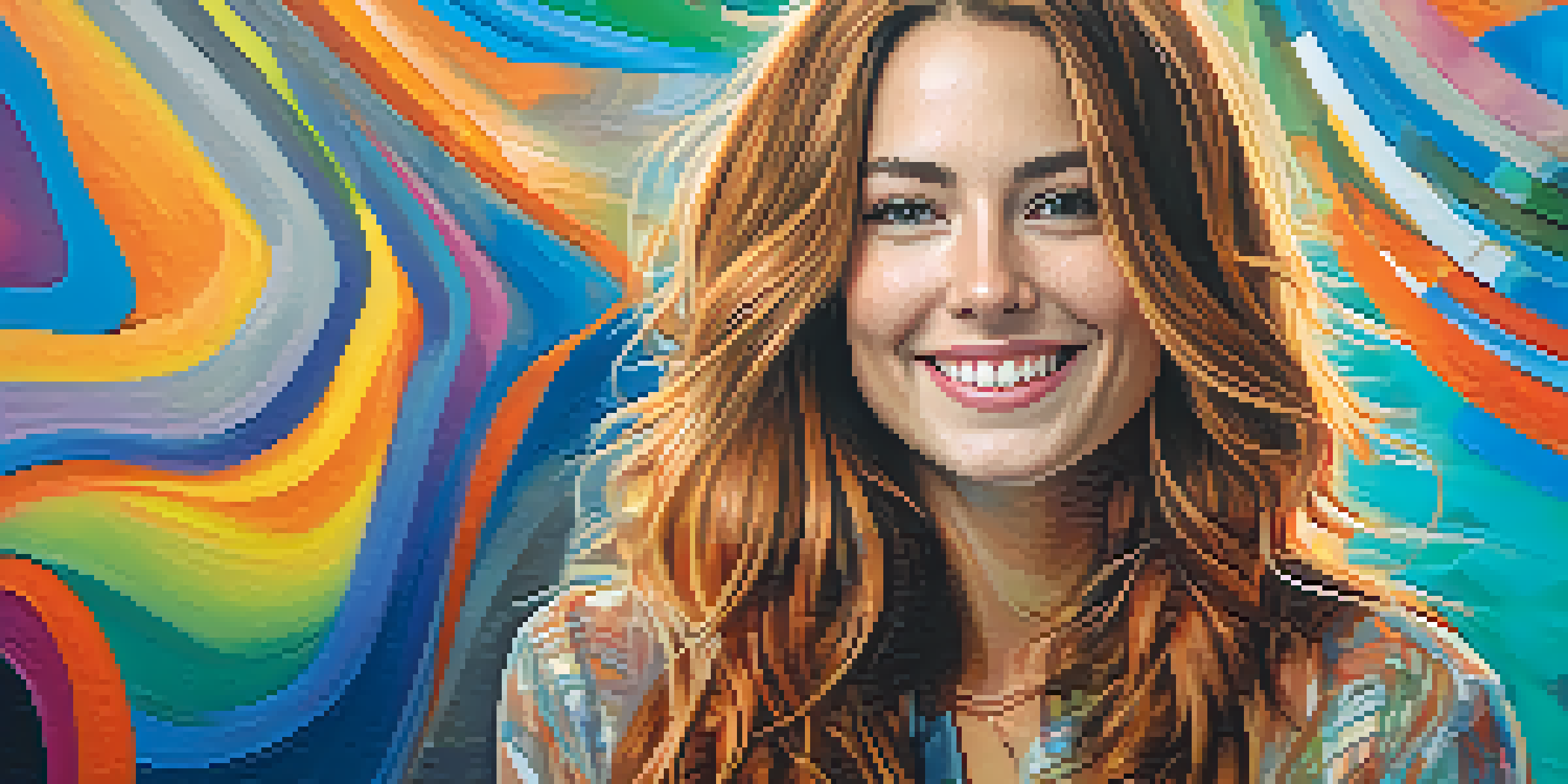 A young woman with flowing hair smiles against a colorful abstract background, wearing a modern outfit.