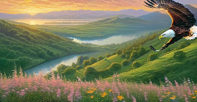 A majestic eagle soaring over a lush green valley at sunrise, with vibrant colors in the sky and wildflowers in the foreground.