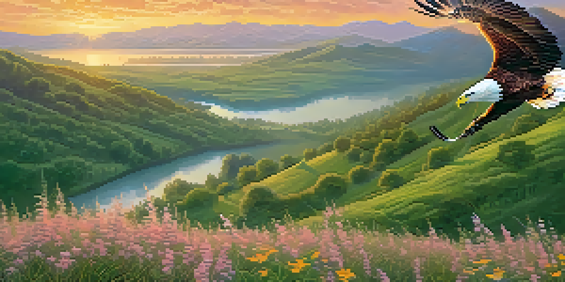 A majestic eagle soaring over a lush green valley at sunrise, with vibrant colors in the sky and wildflowers in the foreground.