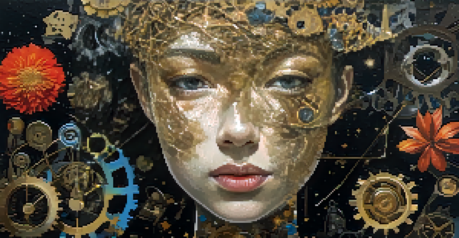 An abstract portrait of a person with a fragmented face composed of different objects against a starry background.