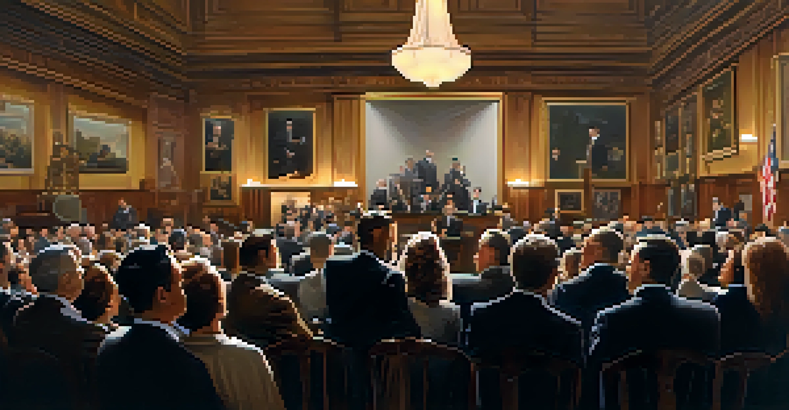 An elegant auction house with a podium and displayed fine art pieces, audience members listening with anticipation.