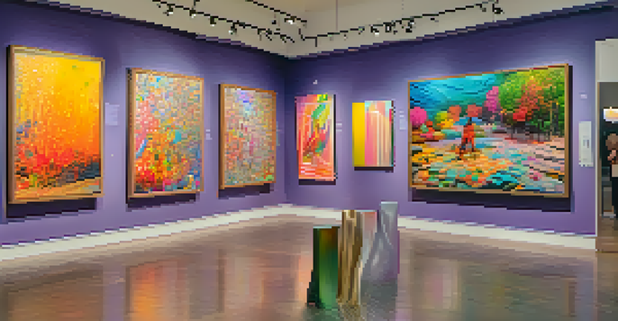 A colorful modern art gallery with visitors interacting with augmented reality installations using smartphones.