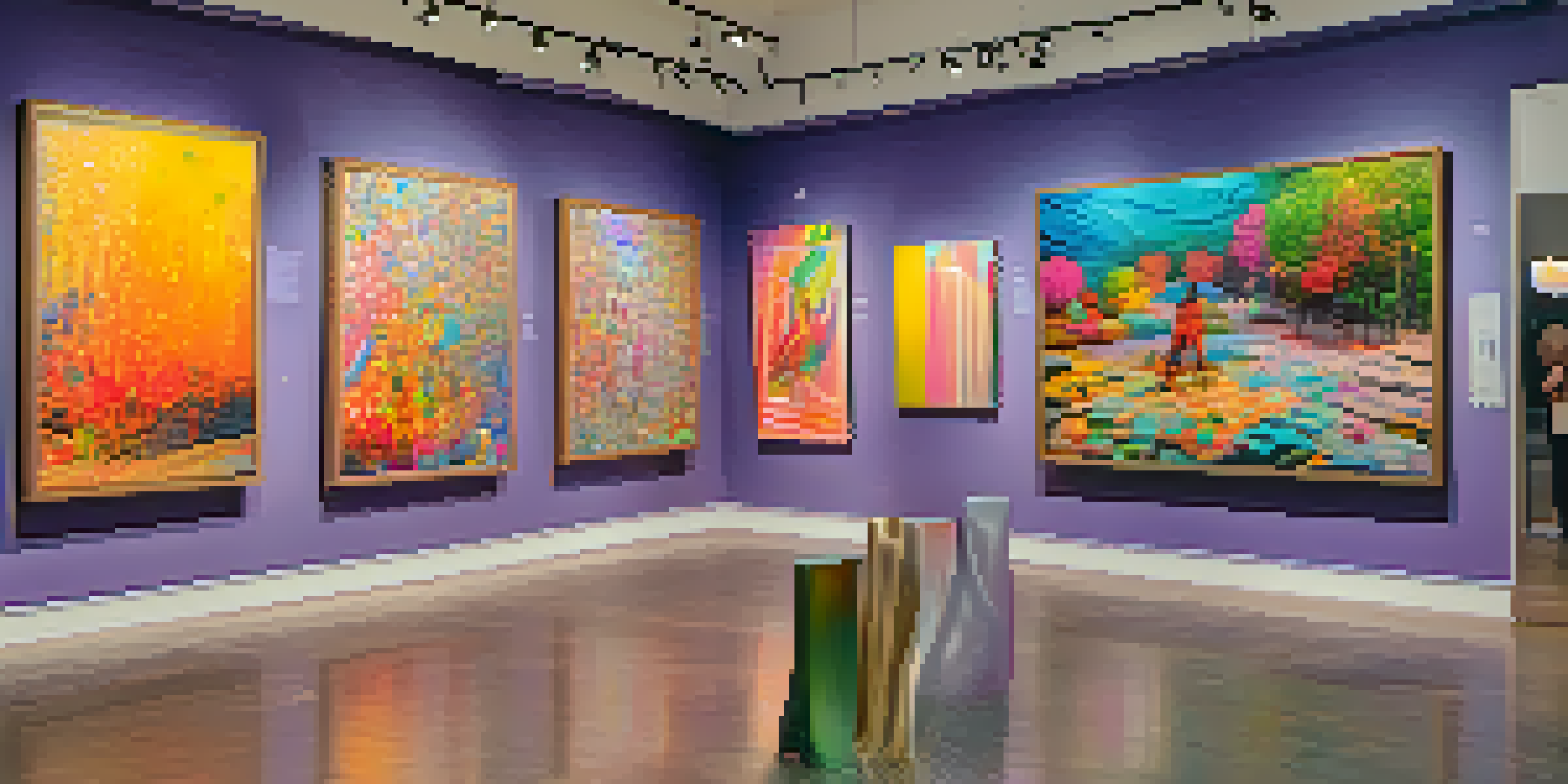 A colorful modern art gallery with visitors interacting with augmented reality installations using smartphones.