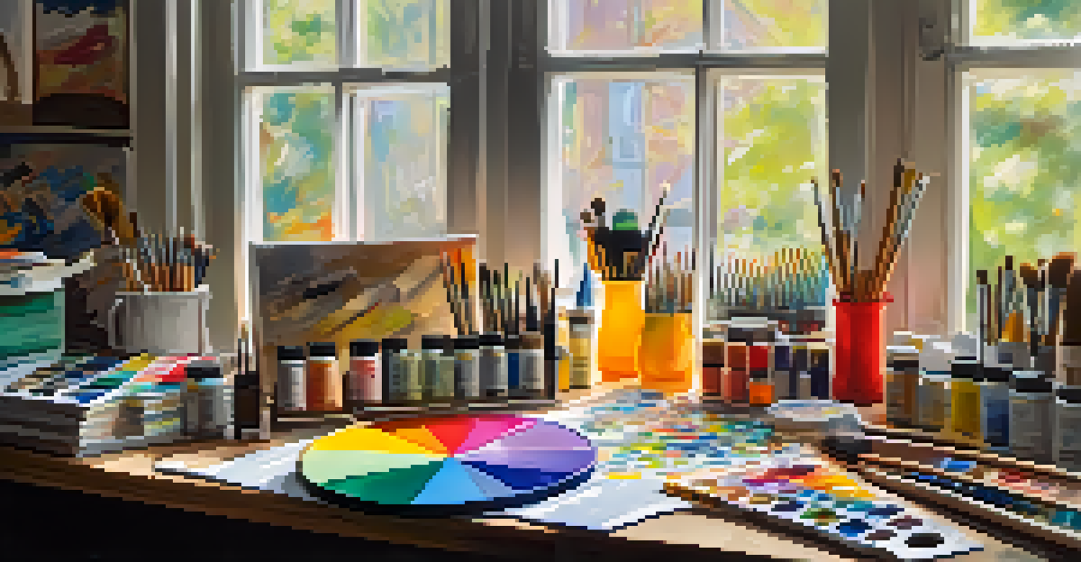 An artist's workspace with paint tubes, a color wheel, brushes, and a canvas with an abstract design.