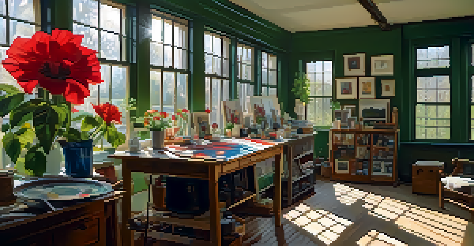 An artist's studio with bright sunlight illuminating a red flower painting and art supplies scattered around.