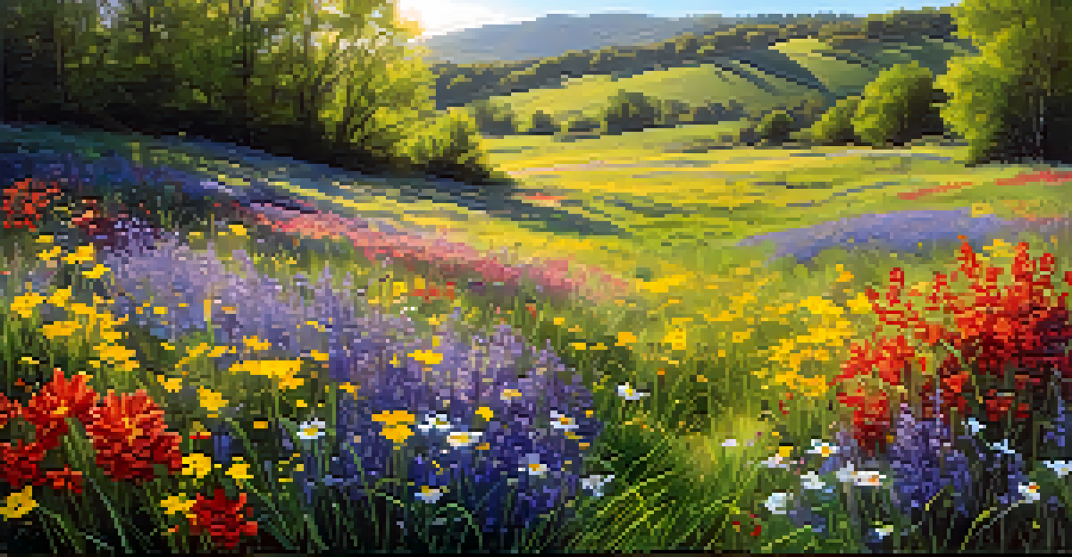 A colorful spring meadow with blooming wildflowers under a bright blue sky.