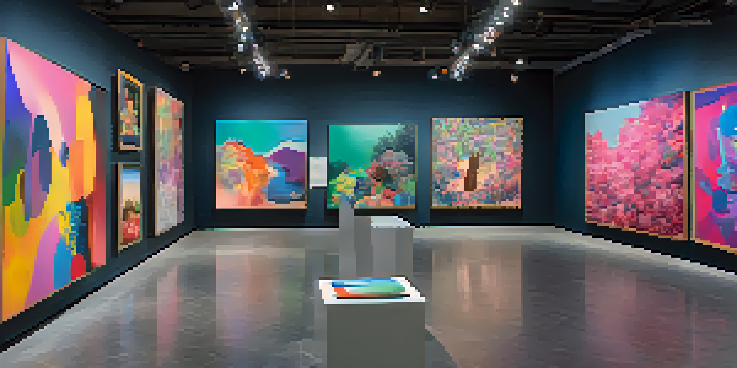 A digital art gallery displaying diverse artworks by women artists, with visitors engaging with the pieces and using virtual reality headsets.
