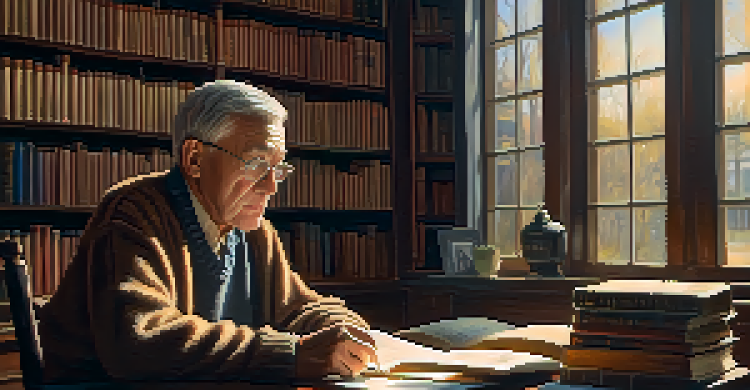 An oil painting-style portrait of an elderly man in a library, with warm lighting enhancing his wise expression.