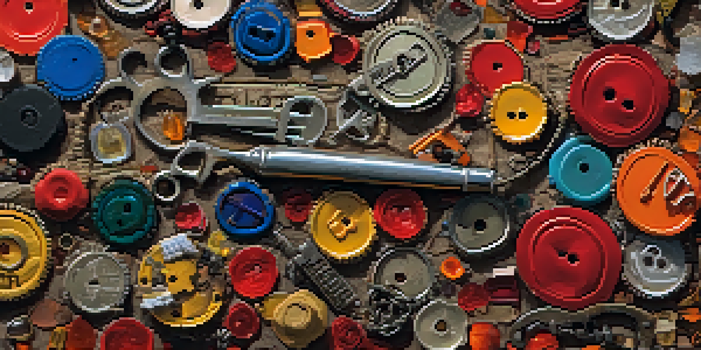 A mixed media artwork showcasing colorful found objects like bottle caps and keys layered on a textured canvas, illuminated by soft lighting.