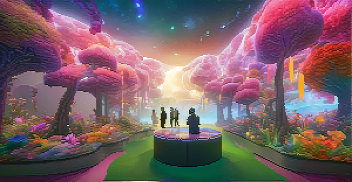 A colorful virtual reality art exhibition with visitors exploring a surreal 3D landscape filled with floating islands and oversized flowers.