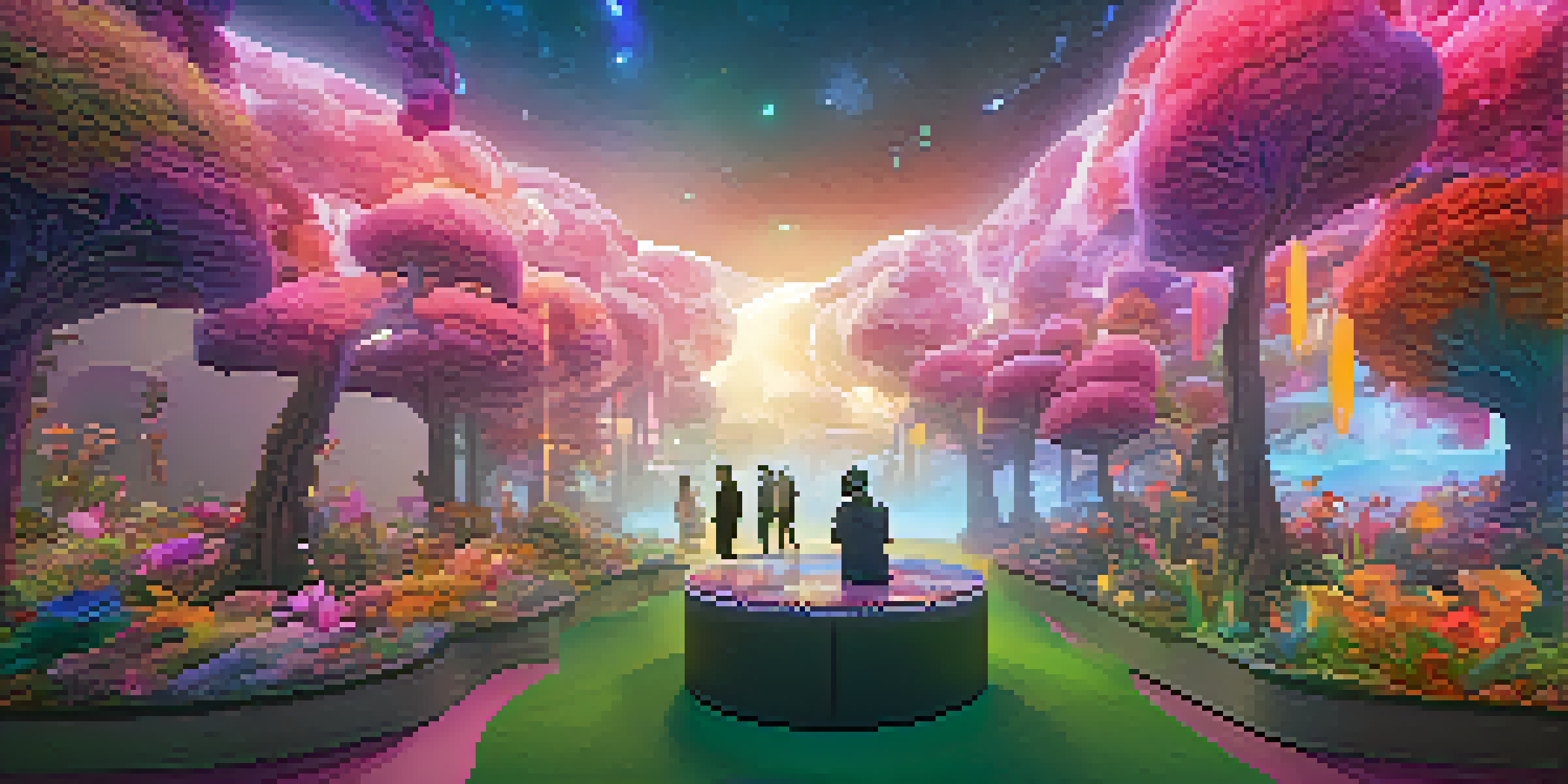 A colorful virtual reality art exhibition with visitors exploring a surreal 3D landscape filled with floating islands and oversized flowers.