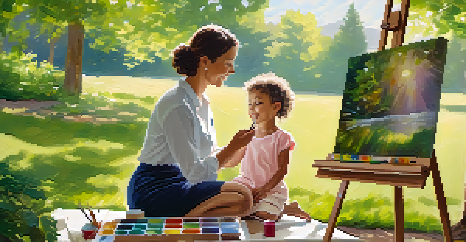 A therapist assisting a child in painting outdoors in a park, surrounded by nature and soft sunlight.