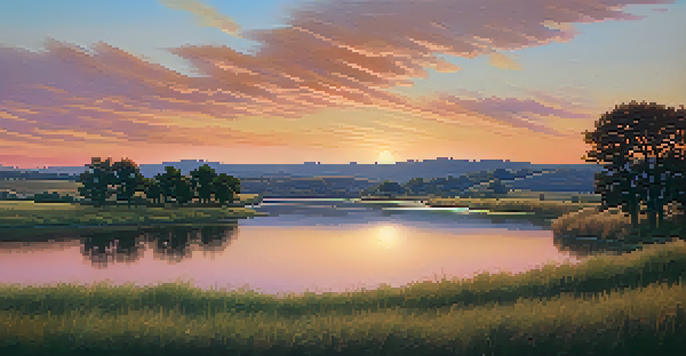 A peaceful sunset landscape with rolling hills and a river, displaying warm golden and pink hues in the sky.