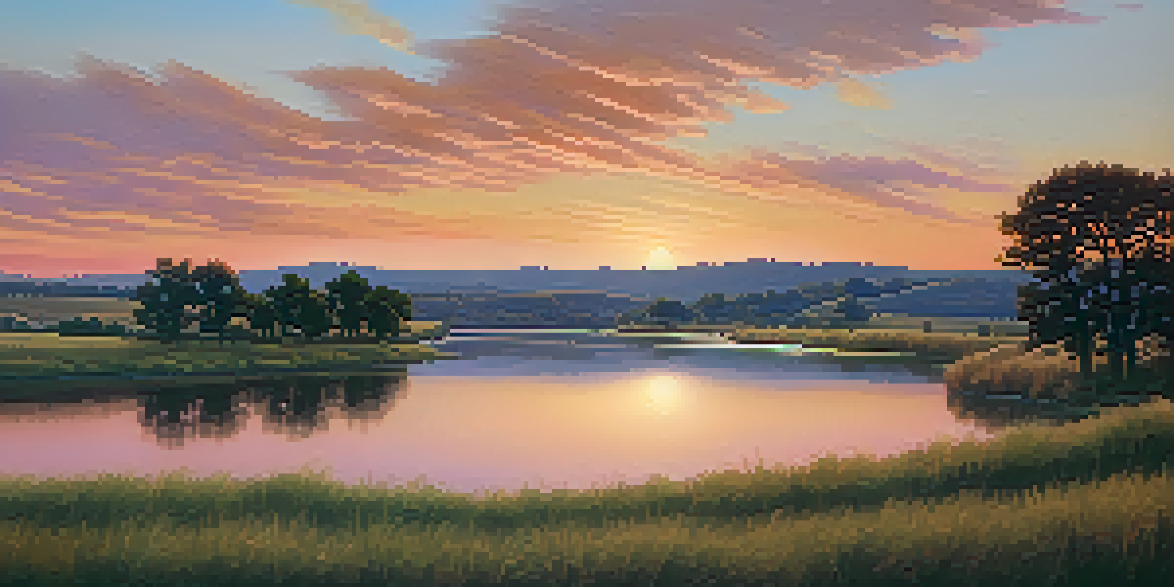 A peaceful sunset landscape with rolling hills and a river, displaying warm golden and pink hues in the sky.