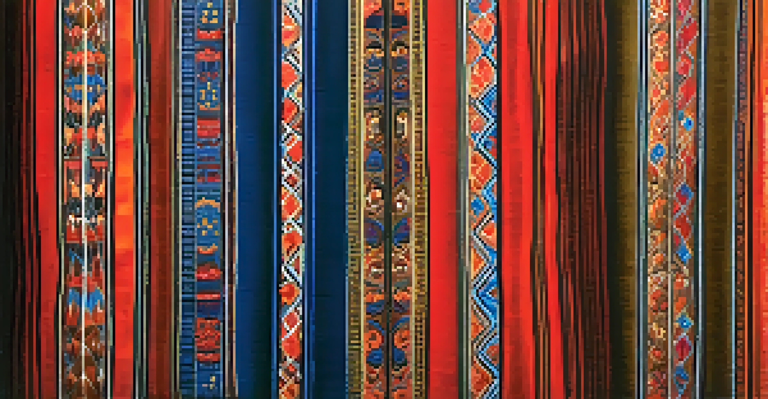 A close-up of a traditional textile with intricate patterns and colors, set against a textured wooden background.
