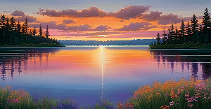 A peaceful sunset over a lake with colorful reflections and silhouettes of trees.