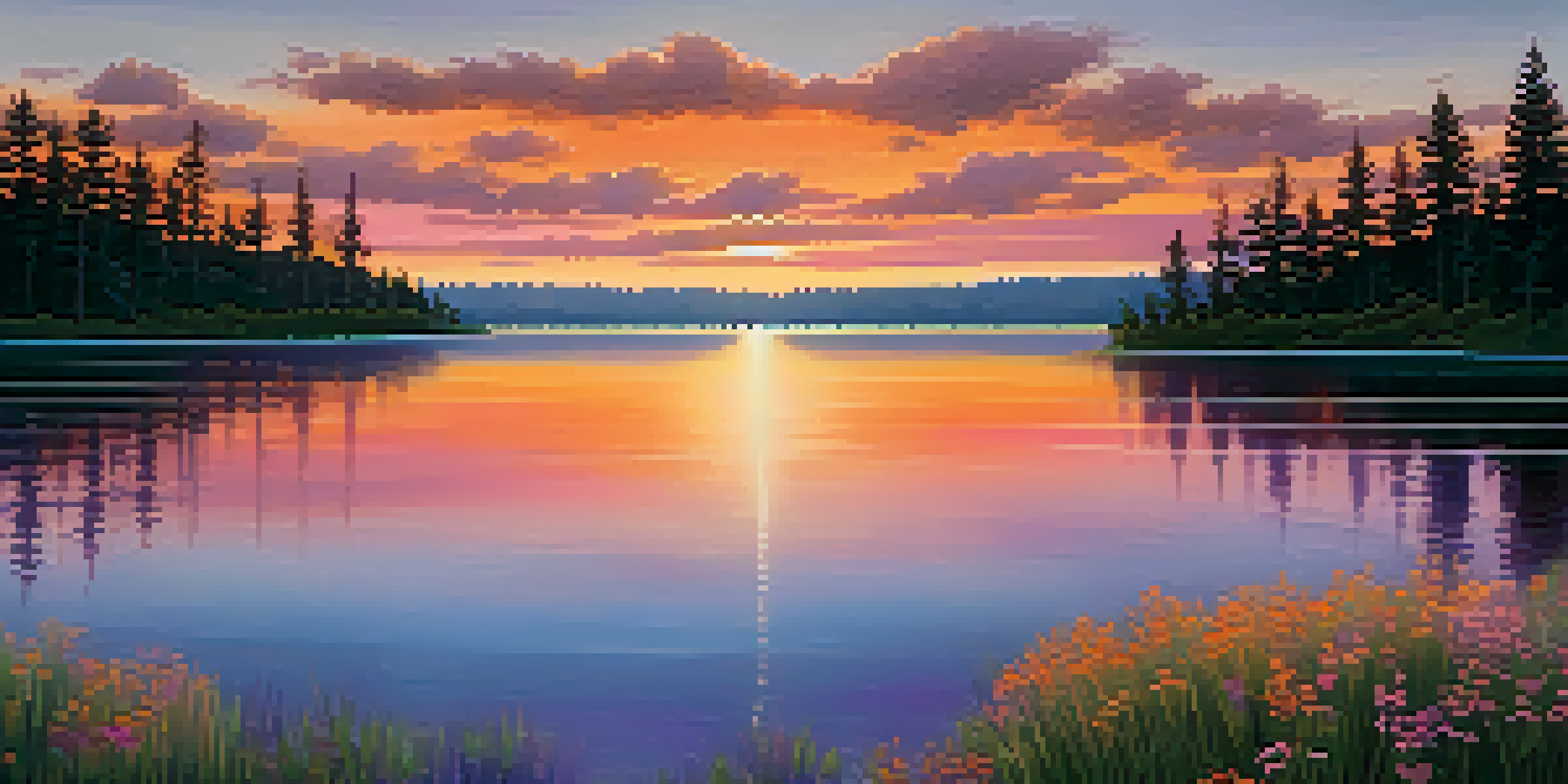 A peaceful sunset over a lake with colorful reflections and silhouettes of trees.