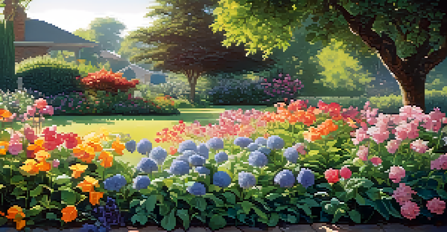 A close-up of a colorful flower garden, with petals glistening in morning dew and sunlight creating patterns on the ground.