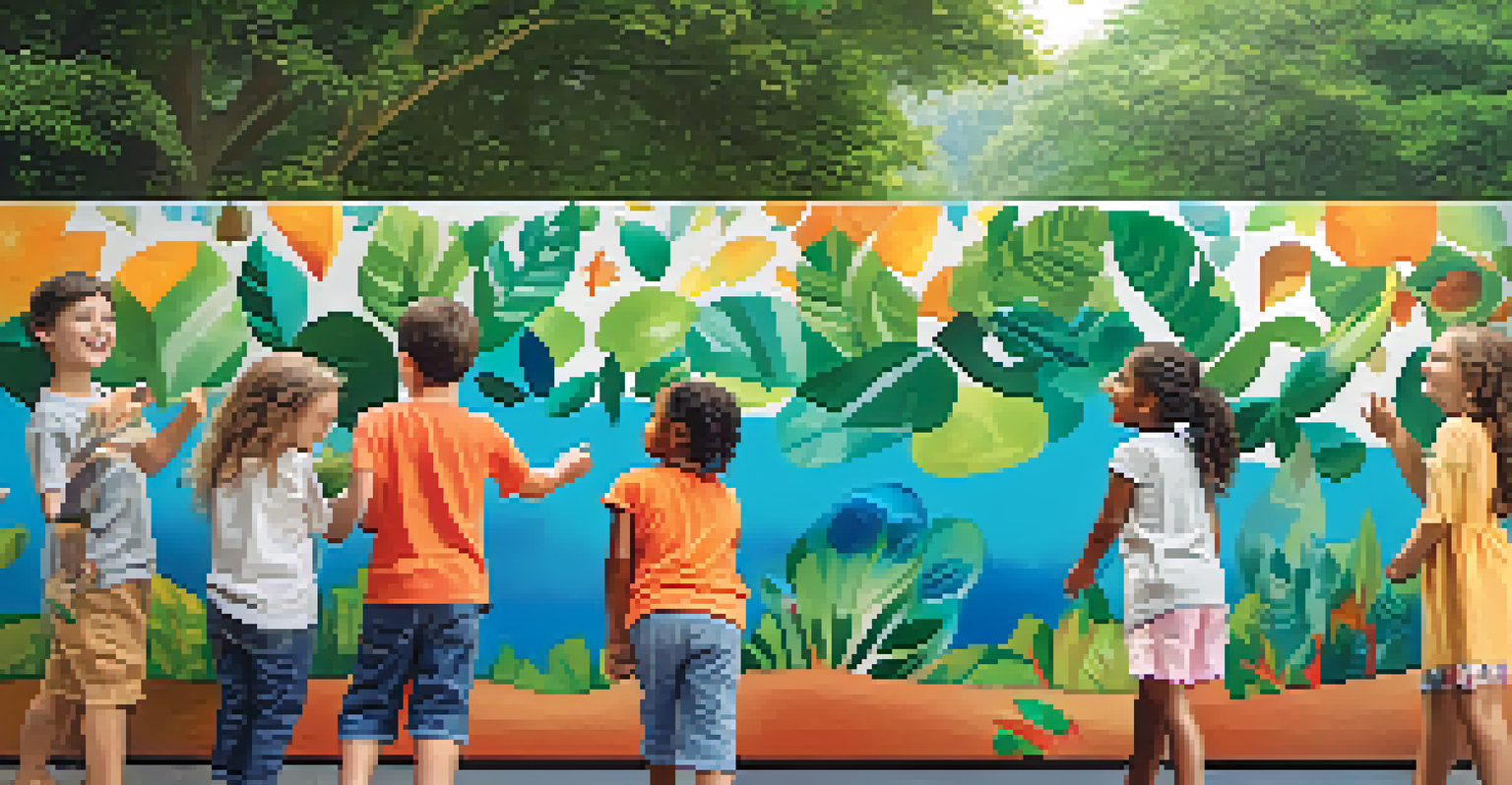 A group of children happily working together on a colorful outdoor mural, surrounded by nature.