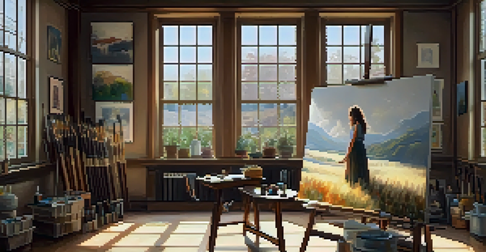 An artist working in a bright studio, painting on a canvas surrounded by colorful artworks and art supplies.