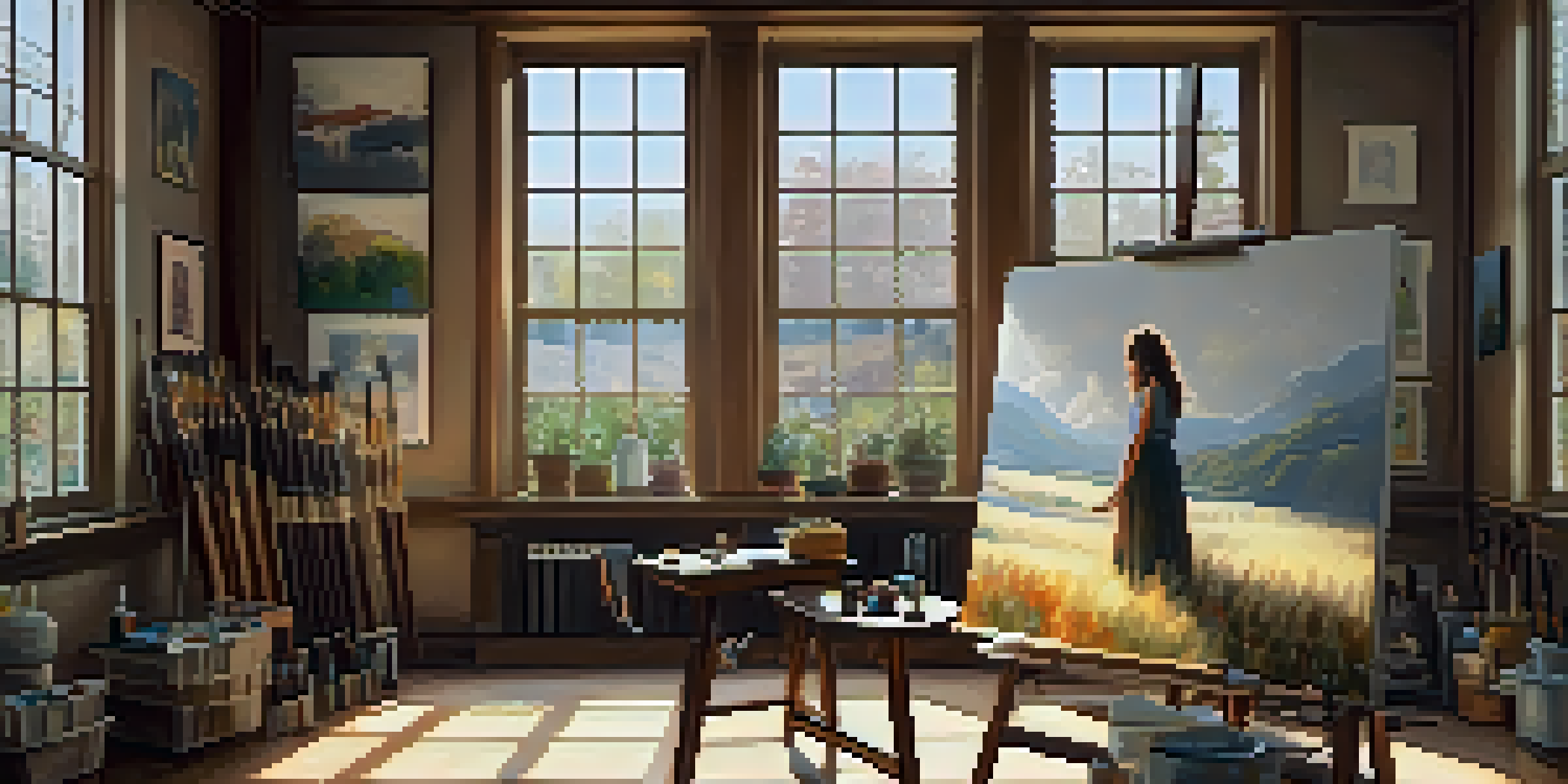 An artist working in a bright studio, painting on a canvas surrounded by colorful artworks and art supplies.