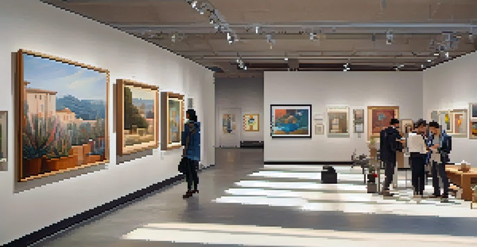 An art gallery with diverse artworks on display, warm lighting, and visitors admiring the pieces.