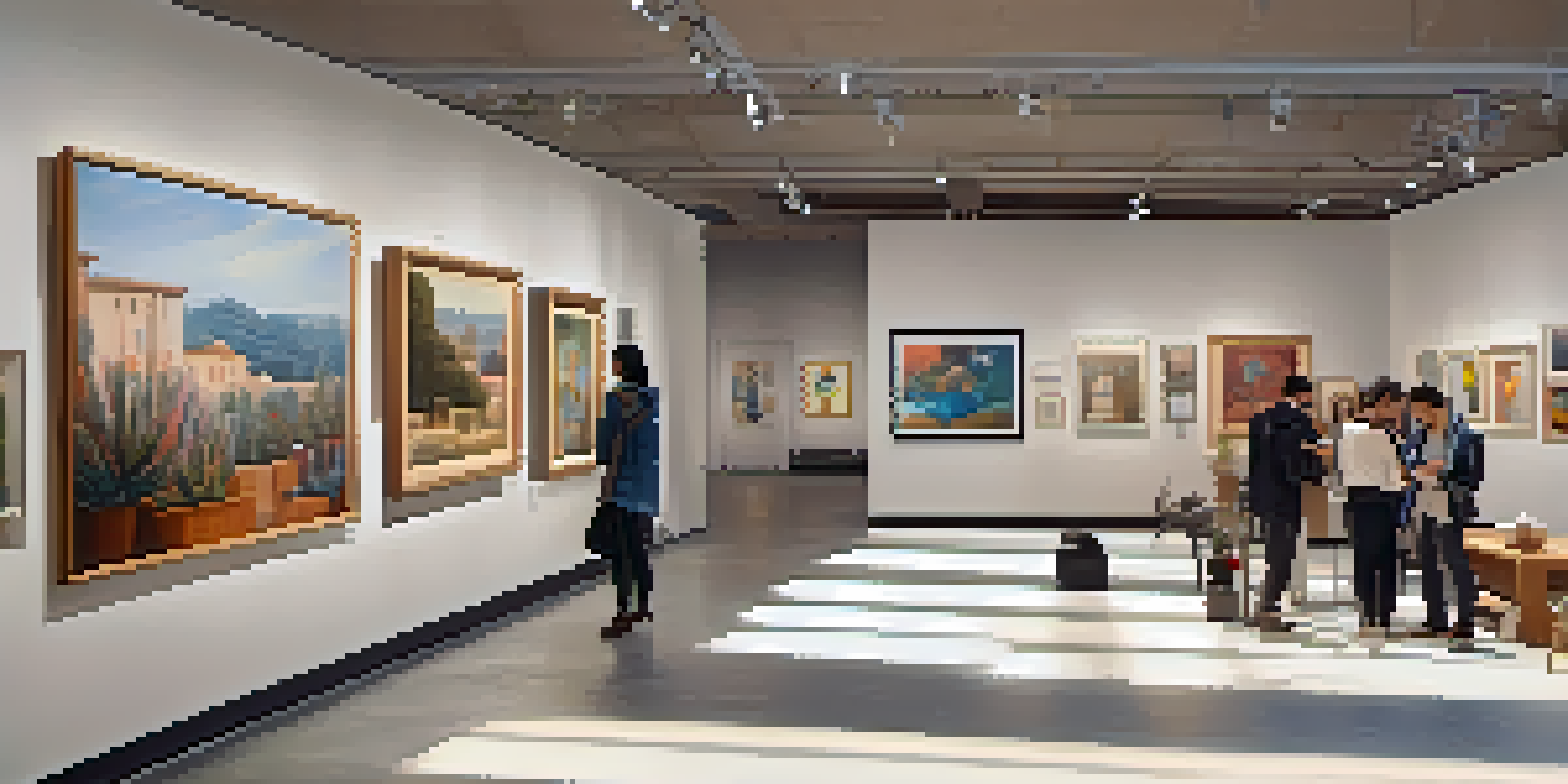 An art gallery with diverse artworks on display, warm lighting, and visitors admiring the pieces.
