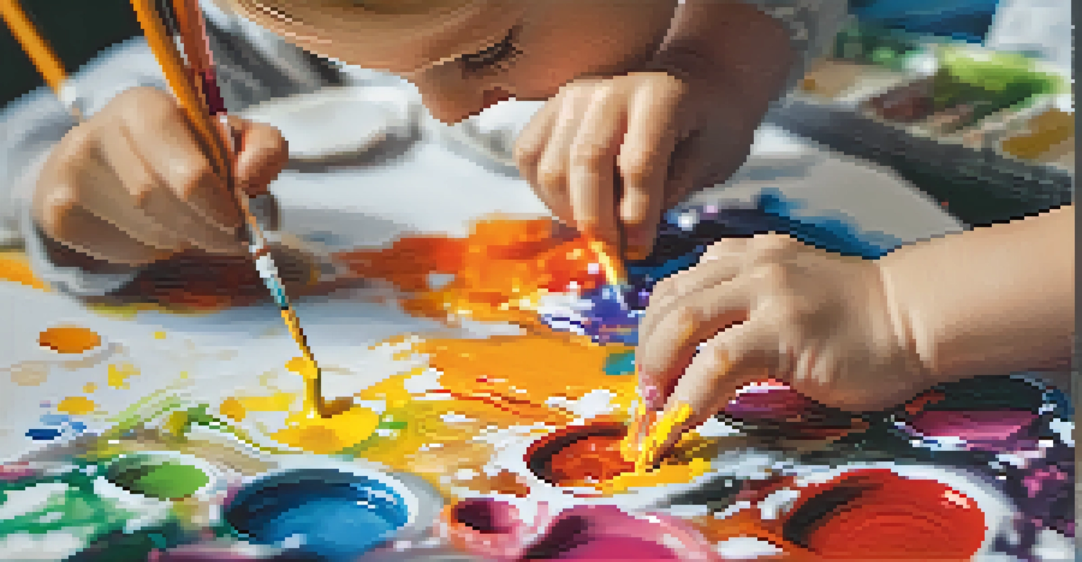 A child's hands painting an abstract piece with vibrant colors, surrounded by art supplies on a table.