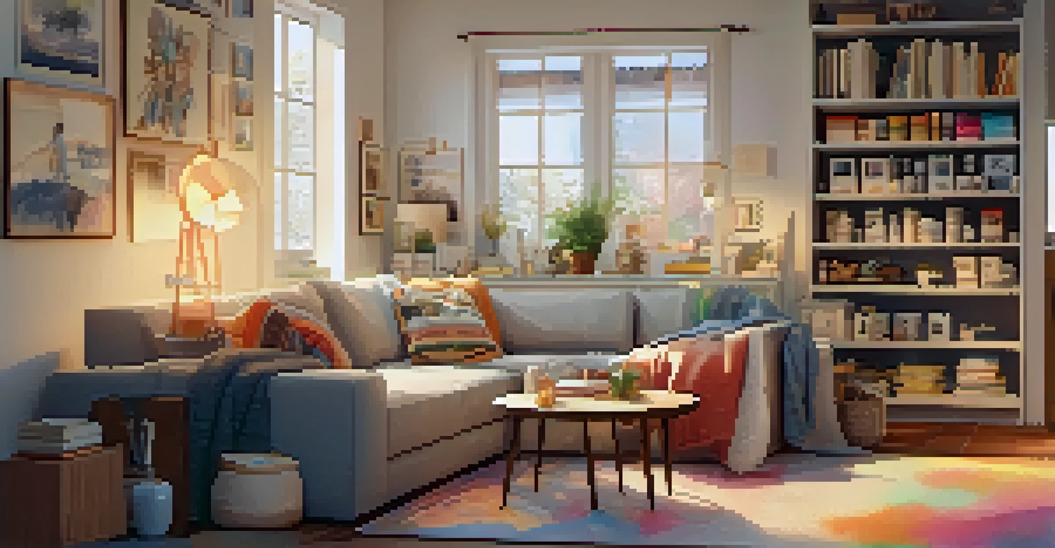 A cozy art corner in a living room with a small table of paint supplies, a half-finished canvas, and warm lighting creating an inviting atmosphere.