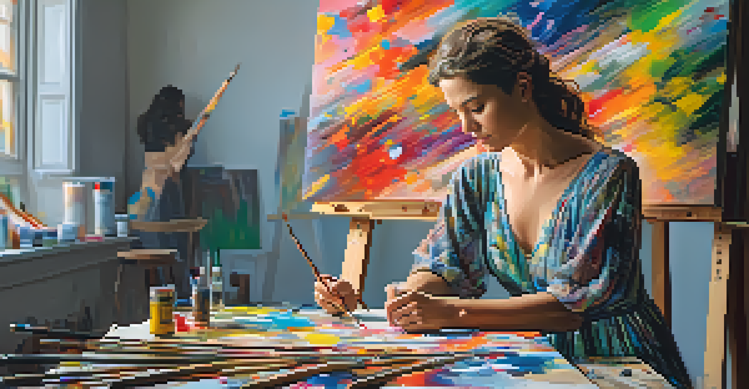 A woman artist painting an abstract representation of war's aftermath in her studio.
