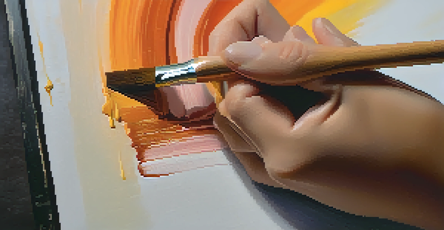 A close-up of a hand with a paintbrush painting on a canvas, with vibrant colors and textures.