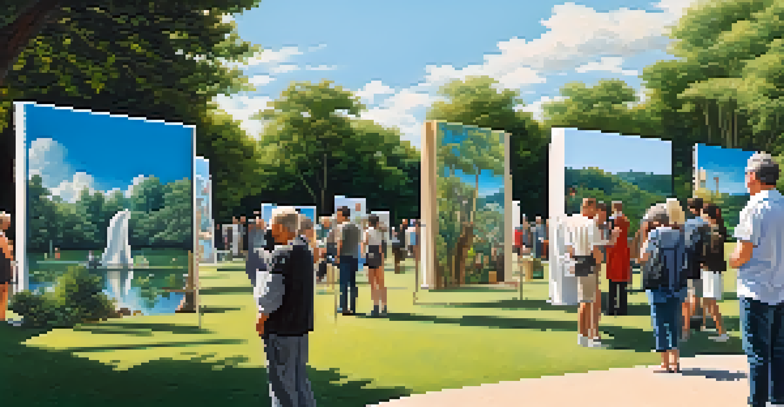 An outdoor art exhibition with paintings and sculptures, surrounded by greenery and people admiring the art.