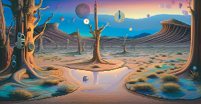 A surreal desert landscape with melting clocks hanging from twisted trees, colorful sands, and whimsical creatures.