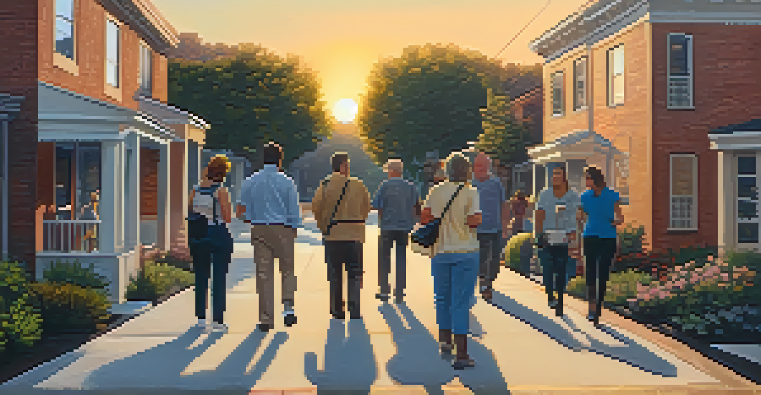 A guided art walk featuring murals and sculptures with participants enjoying the experience during a sunset.