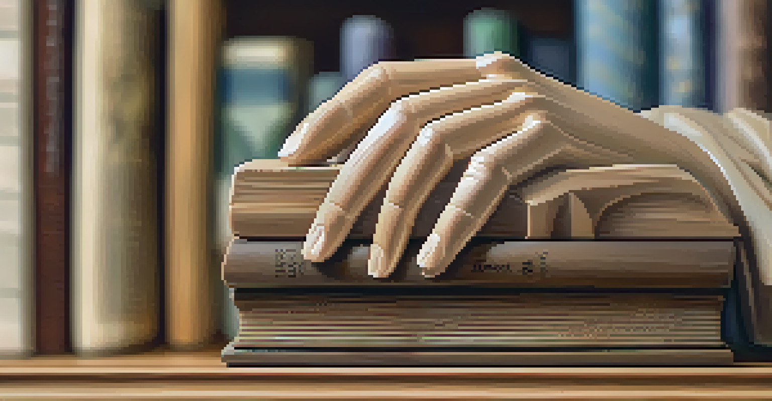 A collector's hands holding a small wooden sculpture with detailed craftsmanship, surrounded by art books and sculptures.