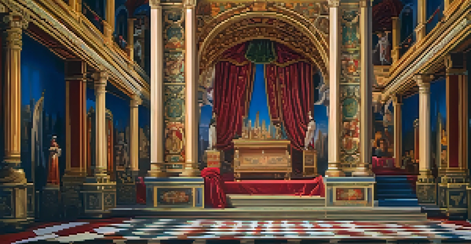 A beautifully designed theater stage set with Renaissance-inspired architecture, colorful tapestries, and dramatic lighting.