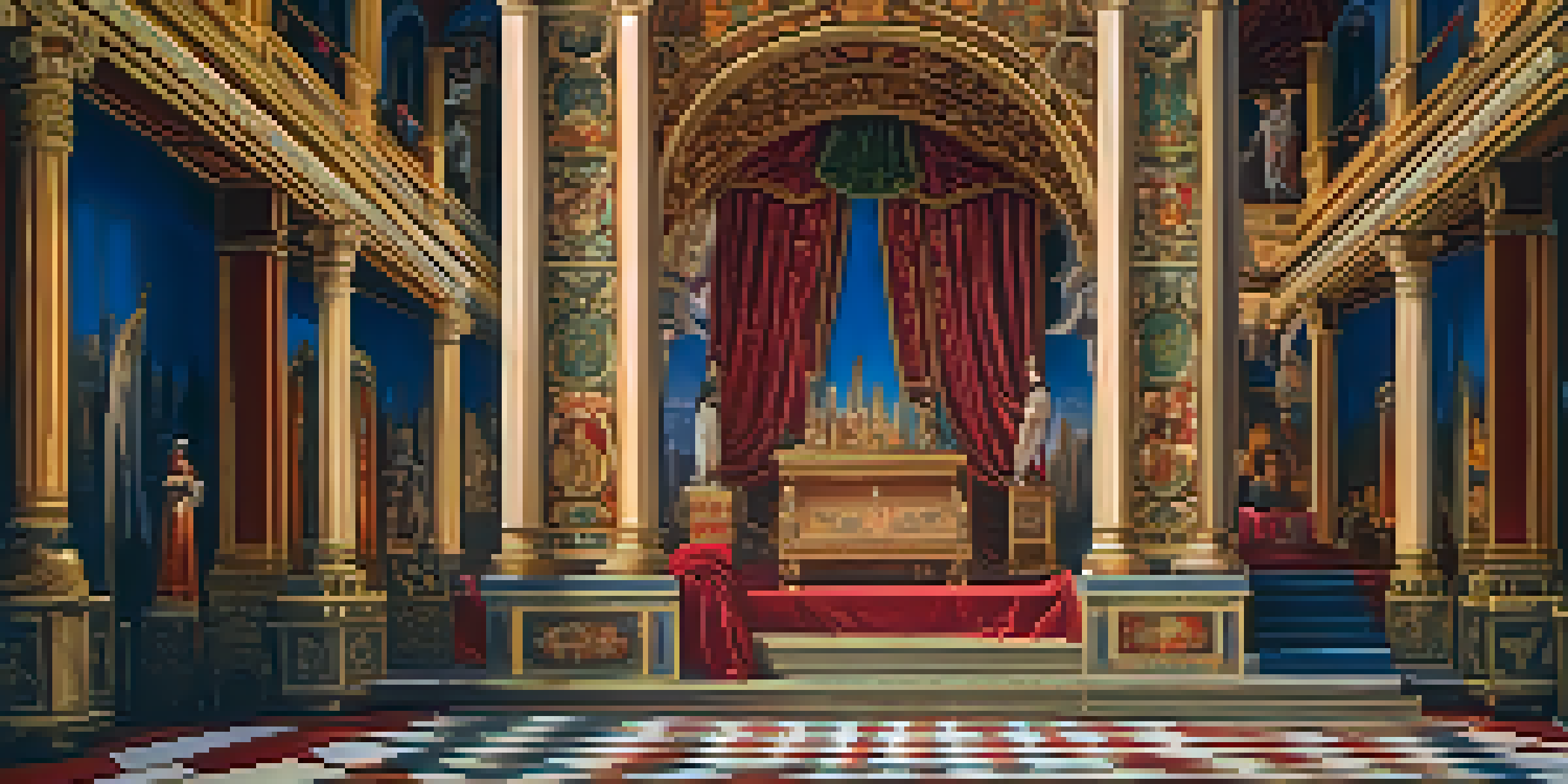 A beautifully designed theater stage set with Renaissance-inspired architecture, colorful tapestries, and dramatic lighting.