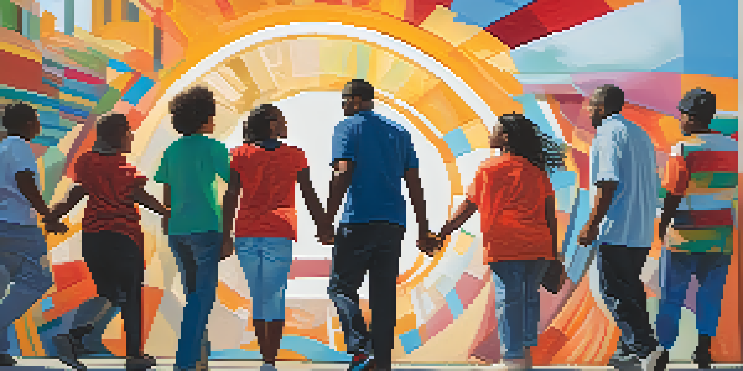 A mural showing diverse people holding hands in a colorful background, symbolizing unity and social justice.