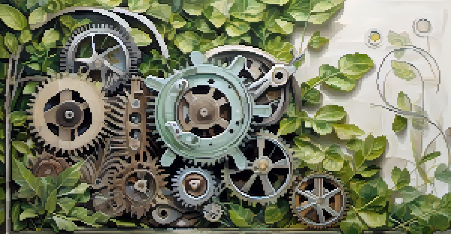 An artwork blending natural elements with mechanical parts, featuring a calm color palette and soft lighting that invites reflection on nature and technology.
