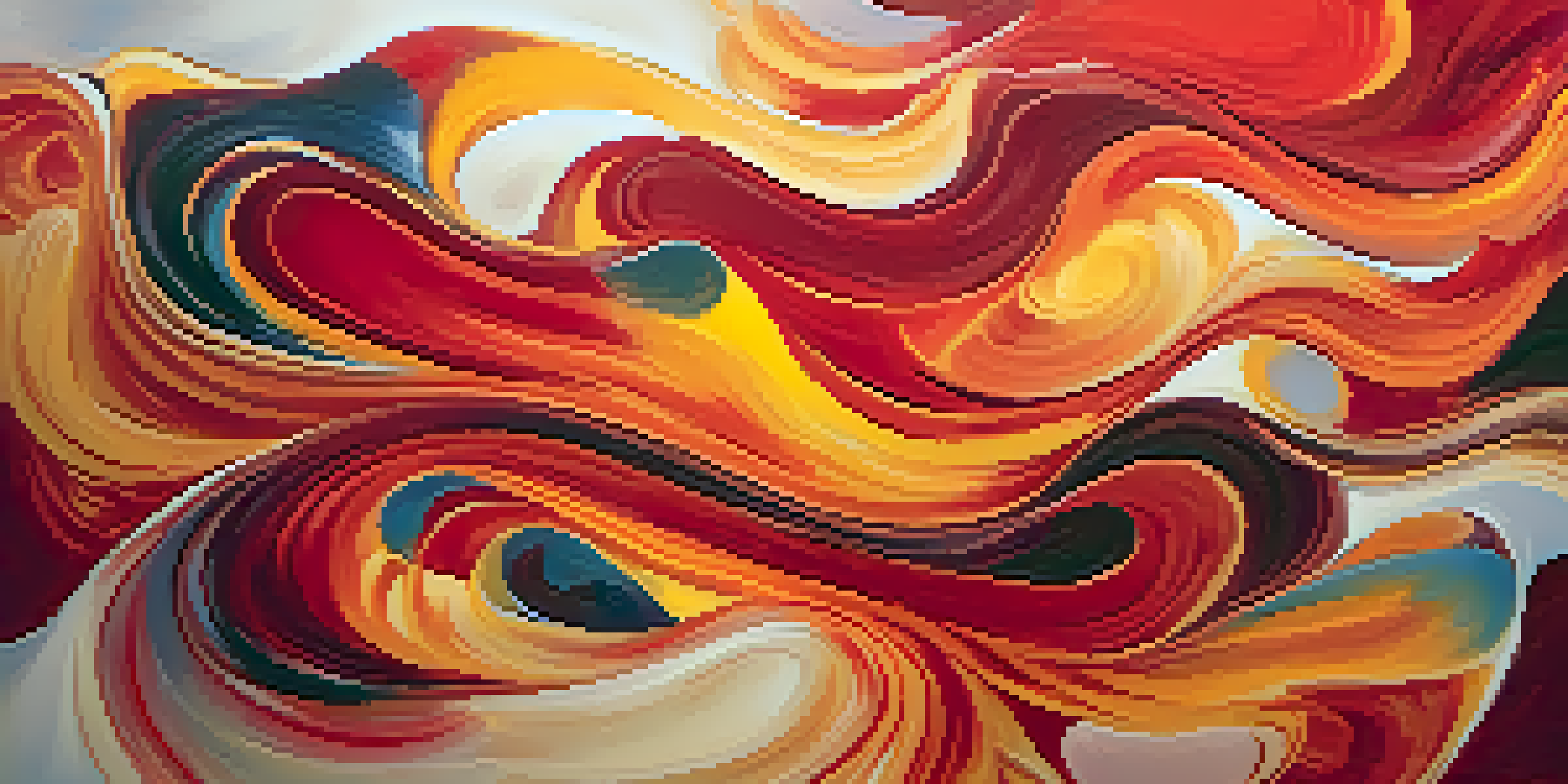 An abstract painting with swirling shapes in red, orange, and yellow, conveying passion and energy.